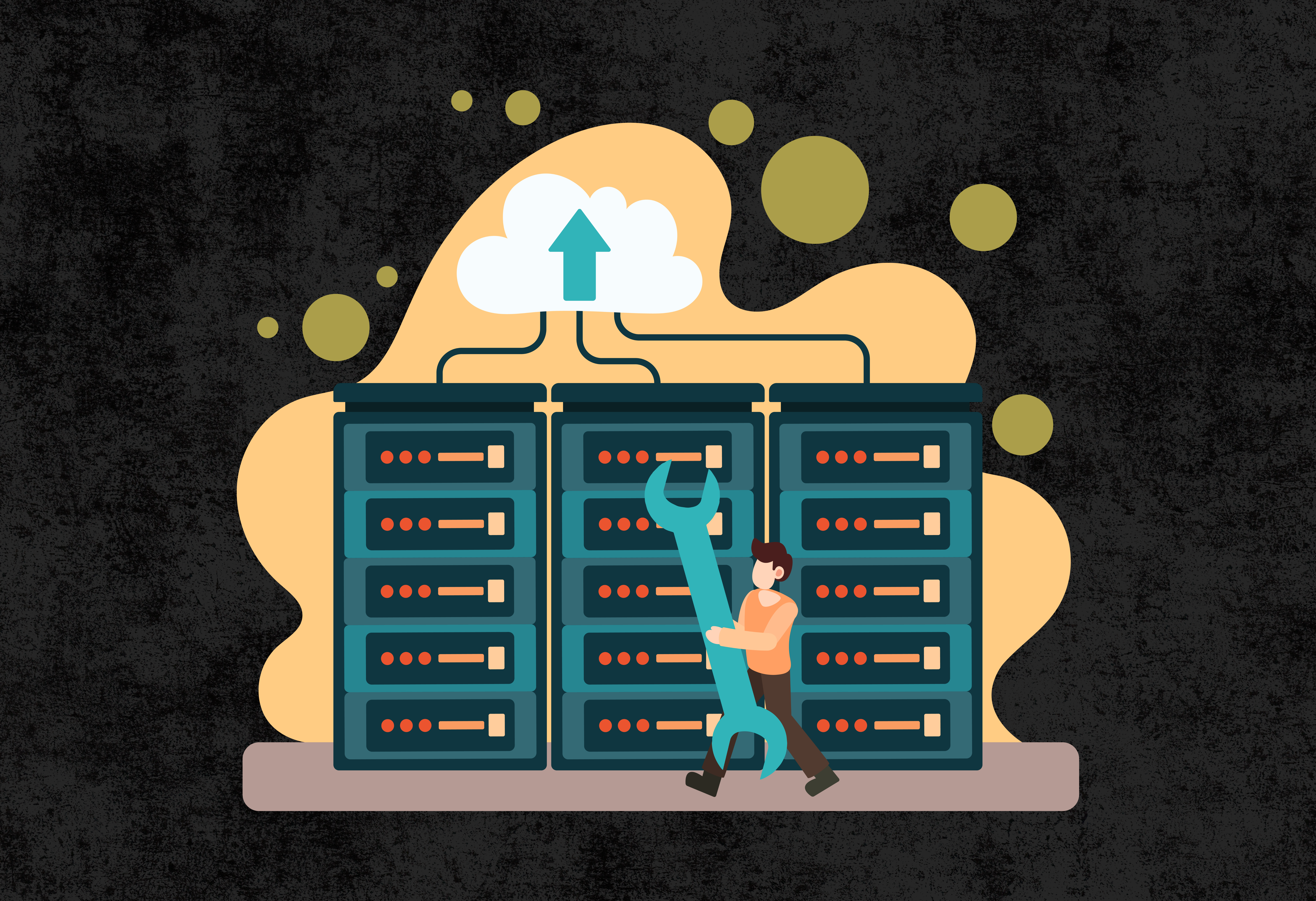 Website support and maintenance icon with wrench, screwdriver, and surrounding icons representing security, updates, monitoring, and technical support.