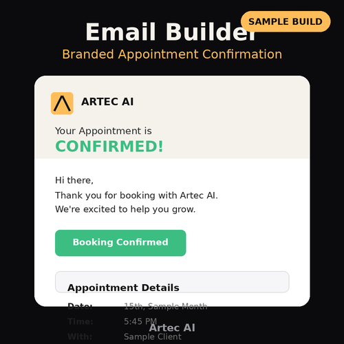 Branded automated appointment confirmation email template sample built by Artec AI